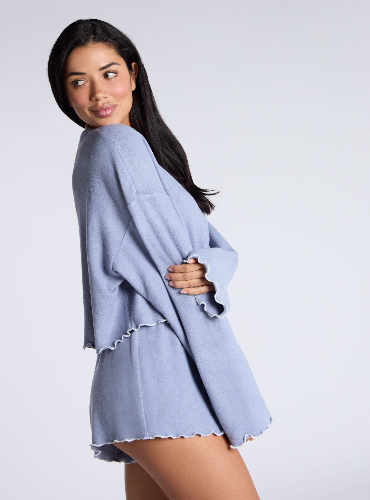 Lettuce edge fleece short lounge set - Denim Blue