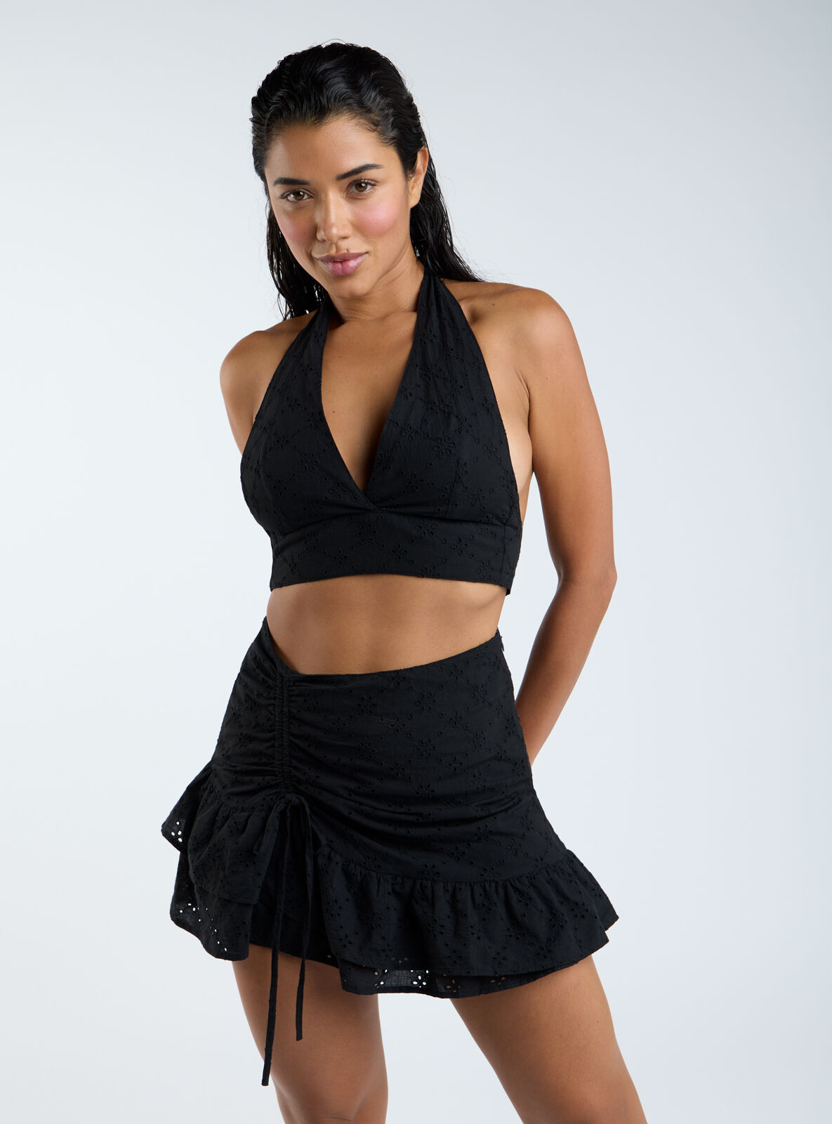 Broderie cotton mini skirt - Black