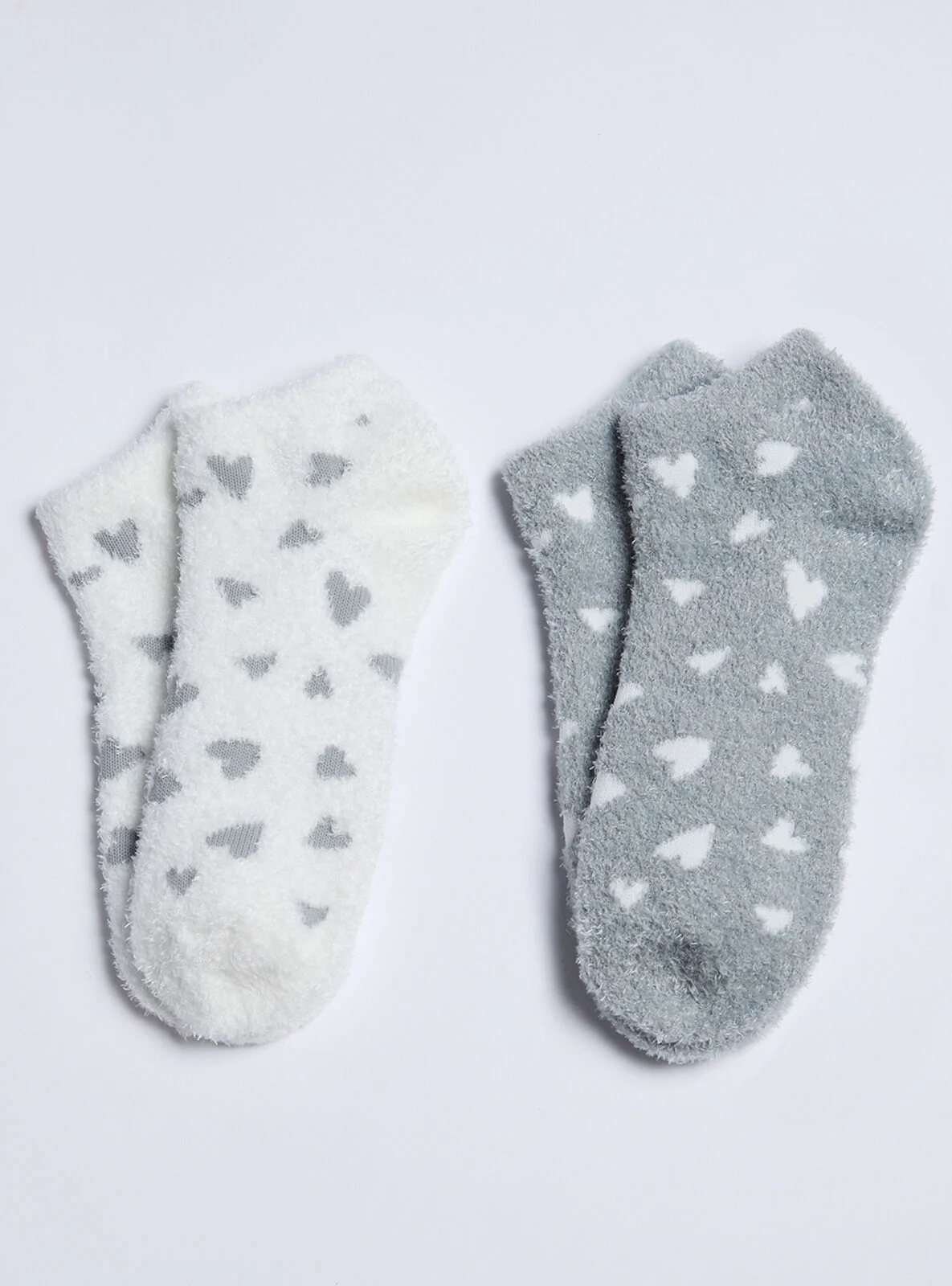 2 pack heart fluffy trainer socks - Grey Mix