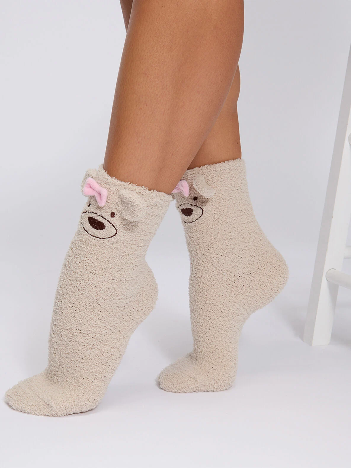 Teddy bear fluffy ankle socks - Oatmeal