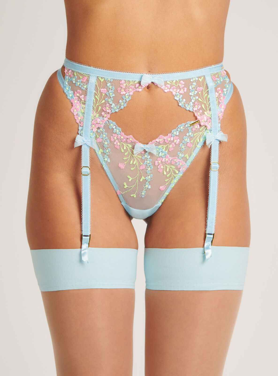Flora embroidered suspender belt - Blue Mix